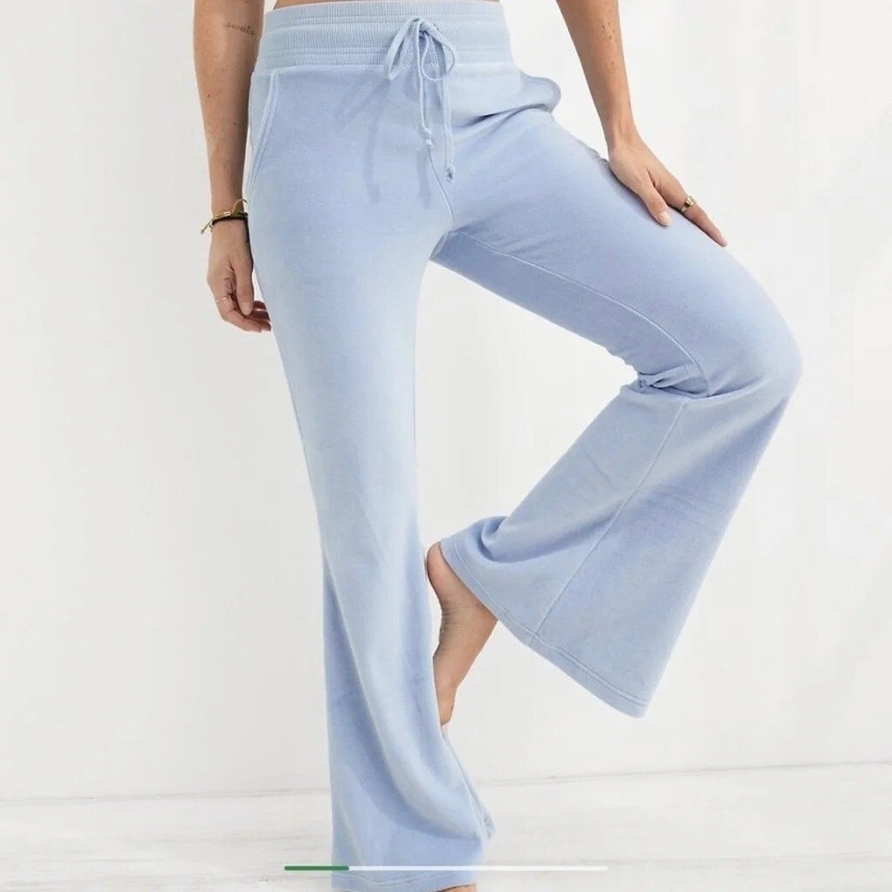 Aerie Velour Super Flare‎ Real Obsessed Pants Light Blue Drawstring Waist M Y2K - Picture 2 of 8